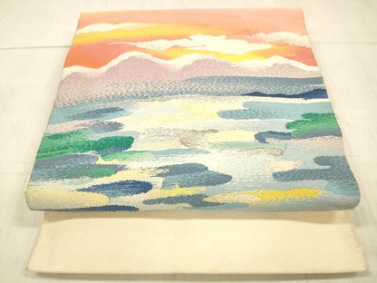 平和屋着物●綴れ 八寸名古屋帯 風景文 銀糸 正絹 逸品 DAAX0237cm