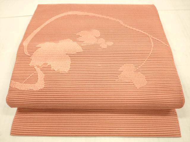 平和屋着物＊夏物 絽綴れ 八寸名古屋帯 南天蔦の葉文 鉛丹色 正絹 逸品 DAAX0250cm
