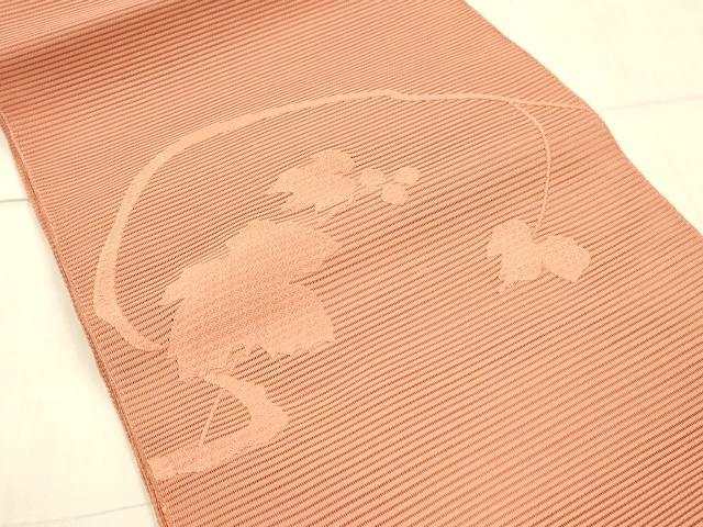 平和屋着物＊夏物 絽綴れ 八寸名古屋帯 南天蔦の葉文 鉛丹色 正絹 逸品 DAAX0250cm