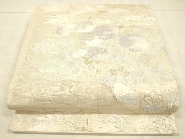 平和屋着物＊夏物 六通柄袋帯 流水草花文 銀糸 正絹 逸品 DAAX0253cm