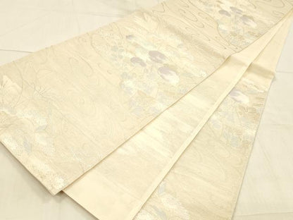 平和屋着物＊夏物 六通柄袋帯 流水草花文 銀糸 正絹 逸品 DAAX0253cm