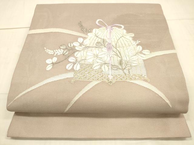平和屋着物＊夏物 九寸開き名古屋帯 刺繍 草葉文 金銀糸 正絹 逸品 DAAX0259cm