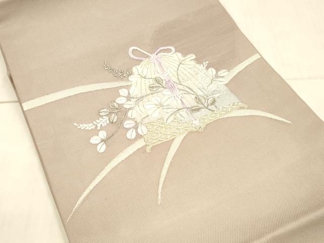 平和屋着物＊夏物 九寸開き名古屋帯 刺繍 草葉文 金銀糸 正絹 逸品 DAAX0259cm