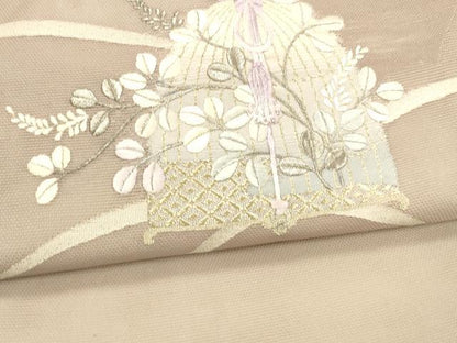 平和屋着物＊夏物 九寸開き名古屋帯 刺繍 草葉文 金銀糸 正絹 逸品 DAAX0259cm