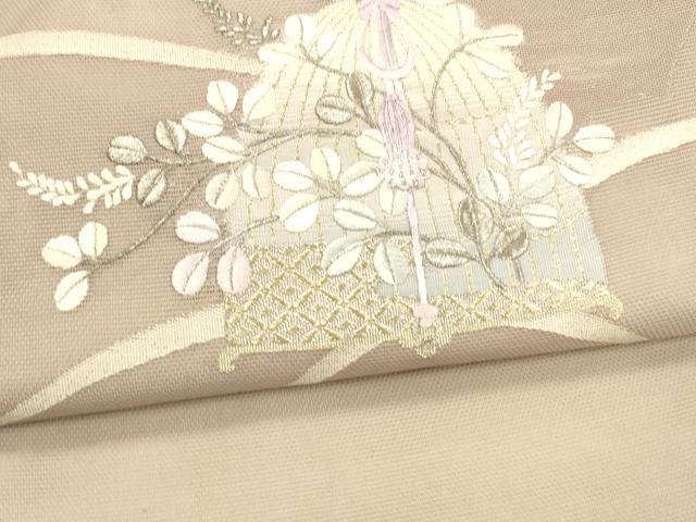 平和屋着物＊夏物 九寸開き名古屋帯 刺繍 草葉文 金銀糸 正絹 逸品 DAAX0259cm