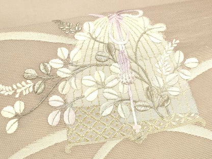 平和屋着物＊夏物 九寸開き名古屋帯 刺繍 草葉文 金銀糸 正絹 逸品 DAAX0259cm