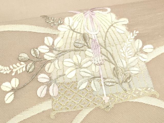 平和屋着物＊夏物 九寸開き名古屋帯 刺繍 草葉文 金銀糸 正絹 逸品 DAAX0259cm