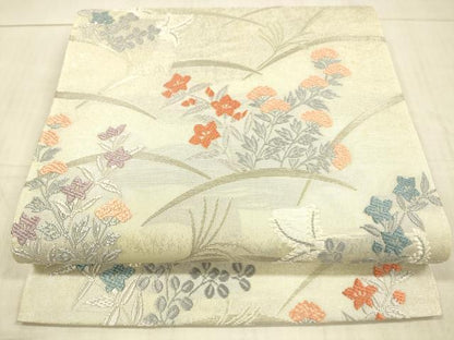 平和屋着物＊夏物 太鼓柄袋帯 草花文 銀糸 正絹 逸品 DAAX0264cm