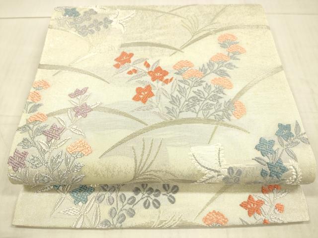 平和屋着物＊夏物 太鼓柄袋帯 草花文 銀糸 正絹 逸品 DAAX0264cm
