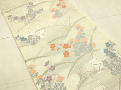 平和屋着物＊夏物 太鼓柄袋帯 草花文 銀糸 正絹 逸品 DAAX0264cm