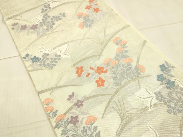 平和屋着物＊夏物 太鼓柄袋帯 草花文 銀糸 正絹 逸品 DAAX0264cm