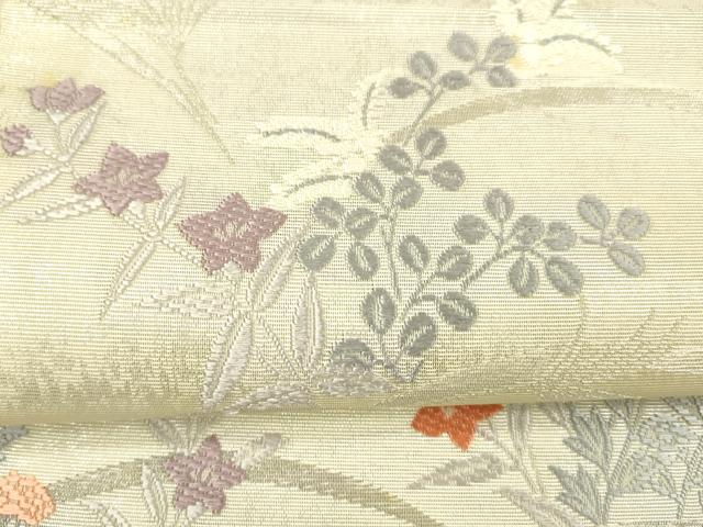 平和屋着物＊夏物 太鼓柄袋帯 草花文 銀糸 正絹 逸品 DAAX0264cm
