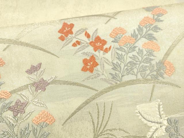 平和屋着物＊夏物 太鼓柄袋帯 草花文 銀糸 正絹 逸品 DAAX0264cm