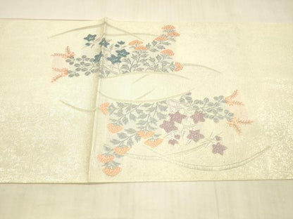 平和屋着物＊夏物 太鼓柄袋帯 草花文 銀糸 正絹 逸品 DAAX0264cm