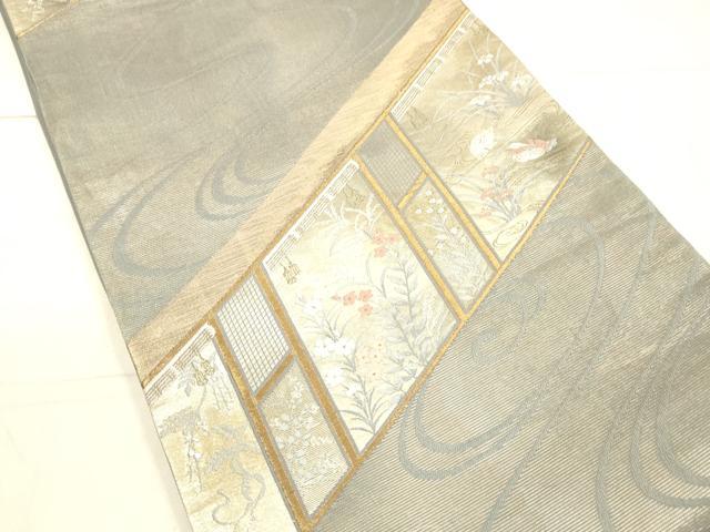 平和屋着物＊夏物 六通柄袋帯 流水鴛鴦草花文 金銀糸 正絹 逸品 DAAX0265cm