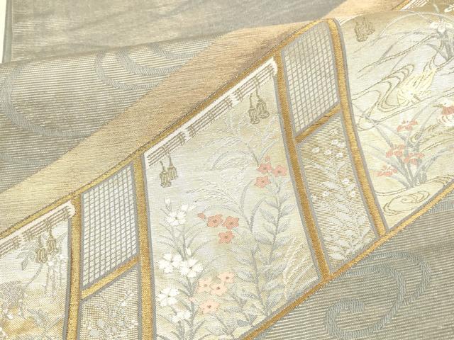 平和屋着物＊夏物 六通柄袋帯 流水鴛鴦草花文 金銀糸 正絹 逸品 DAAX0265cm