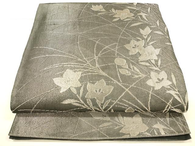 平和屋着物＊夏物 六通柄袋帯 草花文 黒地 金糸 正絹 逸品 DAAX0278cm