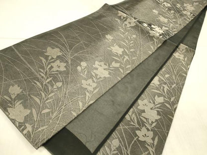 平和屋着物＊夏物 六通柄袋帯 草花文 黒地 金糸 正絹 逸品 DAAX0278cm