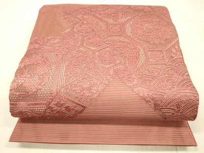 平和屋着物＊夏物 中国三大刺繍 スワトウ刺繍 汕頭刺繍 総刺繍 太鼓柄袋帯 草花文 臙脂色 正絹 逸品 DAAX0282cm