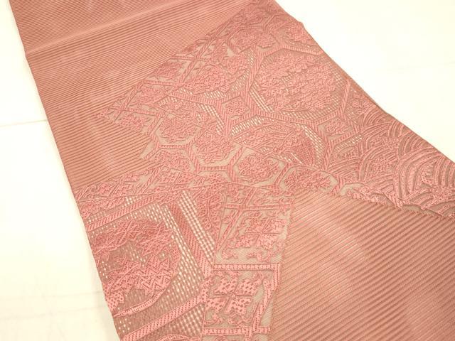 平和屋着物＊夏物 中国三大刺繍 スワトウ刺繍 汕頭刺繍 総刺繍 太鼓柄袋帯 草花文 臙脂色 正絹 逸品 DAAX0282cm