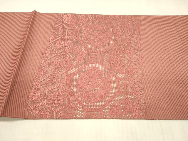 平和屋着物＊夏物 中国三大刺繍 スワトウ刺繍 汕頭刺繍 総刺繍 太鼓柄袋帯 草花文 臙脂色 正絹 逸品 DAAX0282cm