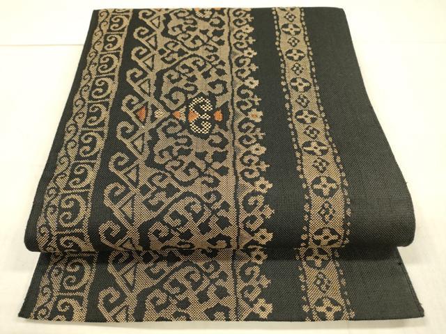平和屋着物＊夏物 八寸名古屋帯 抽象間道 黒地 正絹 逸品 DAAX0285cm