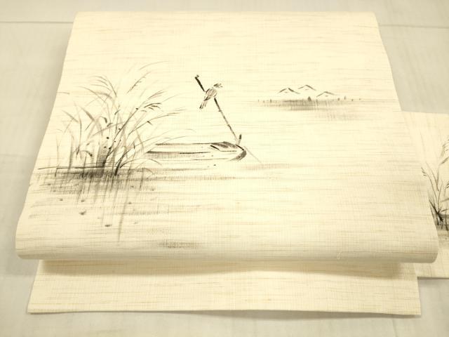 平和屋着物＊夏物 九寸名古屋帯 手描き 流水草葉文 鳥 正絹 逸品 DAAX0286cm