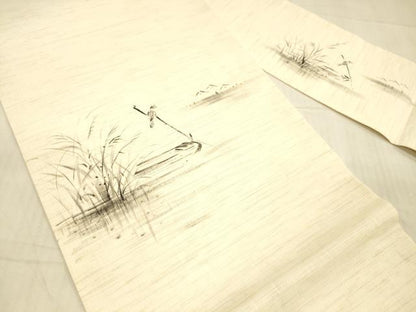 平和屋着物＊夏物 九寸名古屋帯 手描き 流水草葉文 鳥 正絹 逸品 DAAX0286cm