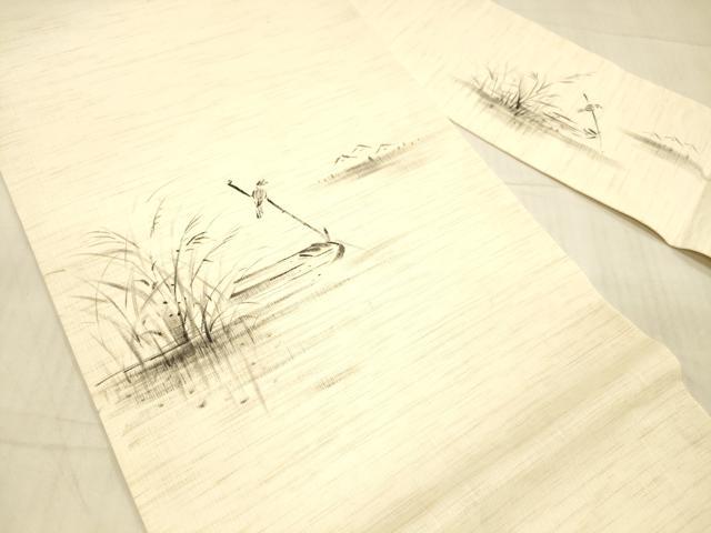 平和屋着物＊夏物 九寸名古屋帯 手描き 流水草葉文 鳥 正絹 逸品 DAAX0286cm