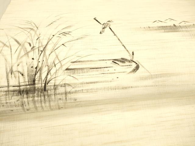 平和屋着物＊夏物 九寸名古屋帯 手描き 流水草葉文 鳥 正絹 逸品 DAAX0286cm