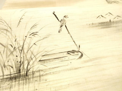 平和屋着物＊夏物 九寸名古屋帯 手描き 流水草葉文 鳥 正絹 逸品 DAAX0286cm