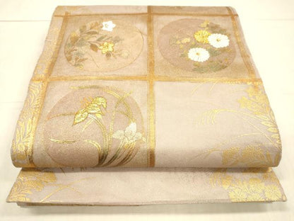 平和屋着物＊夏物 太鼓柄袋帯 草花文 金糸 正絹 逸品 DAAX0293cm