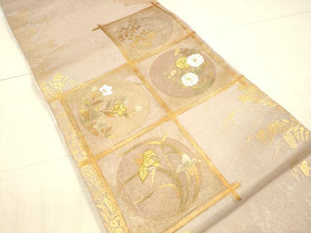 平和屋着物＊夏物 太鼓柄袋帯 草花文 金糸 正絹 逸品 DAAX0293cm