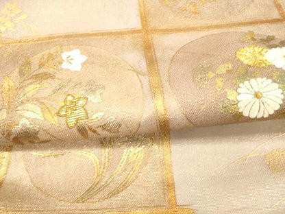 平和屋着物＊夏物 太鼓柄袋帯 草花文 金糸 正絹 逸品 DAAX0293cm