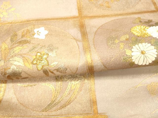 平和屋着物＊夏物 太鼓柄袋帯 草花文 金糸 正絹 逸品 DAAX0293cm