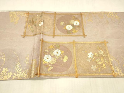 平和屋着物＊夏物 太鼓柄袋帯 草花文 金糸 正絹 逸品 DAAX0293cm