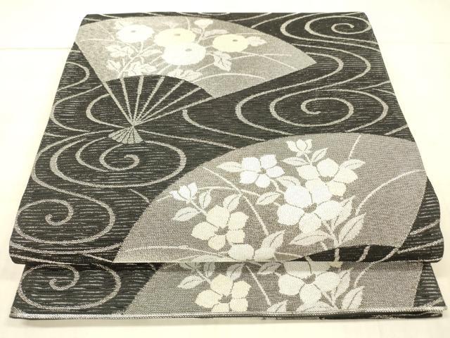 平和屋着物＊夏物 六通柄袋帯 流水扇面草花文 黒地 銀糸 正絹 逸品 DAAX0301cm