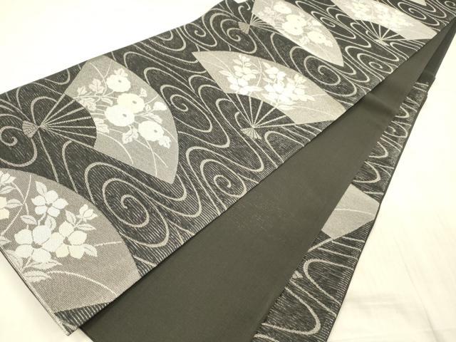 平和屋着物＊夏物 六通柄袋帯 流水扇面草花文 黒地 銀糸 正絹 逸品 DAAX0301cm