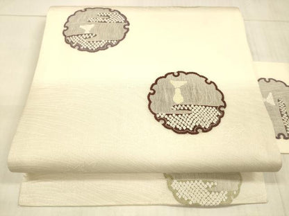 平和屋着物＊夏物 九寸名古屋帯 雪輪鹿の子抽象文 兎 正絹 逸品 DAAX0302cm