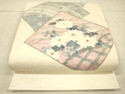 平和屋着物＊夏物 太鼓柄袋帯 渡橋草花文 銀糸 正絹 逸品 DAAX0313cm