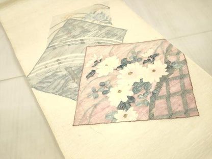 平和屋着物＊夏物 太鼓柄袋帯 渡橋草花文 銀糸 正絹 逸品 DAAX0313cm