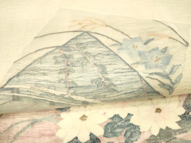 平和屋着物＊夏物 太鼓柄袋帯 渡橋草花文 銀糸 正絹 逸品 DAAX0313cm