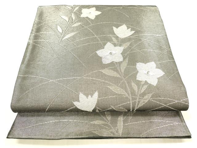 平和屋着物＊夏物 六通柄袋帯 草花文 黒地 銀糸 正絹 逸品 DAAX0325cm