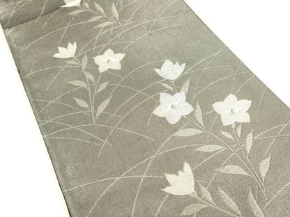 平和屋着物＊夏物 六通柄袋帯 草花文 黒地 銀糸 正絹 逸品 DAAX0325cm