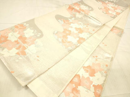 平和屋着物＊夏物 六通柄袋帯 流水草花文 銀糸 正絹 逸品 DAAX0326cm
