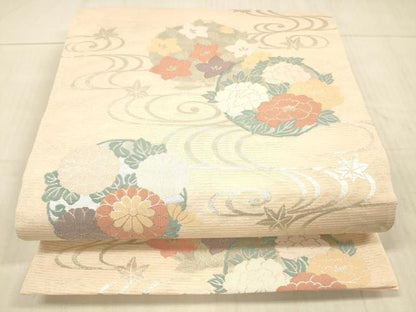 平和屋着物＊夏物 六通柄袋帯 流水草花文 銀糸 正絹 逸品 DAAX0328cm