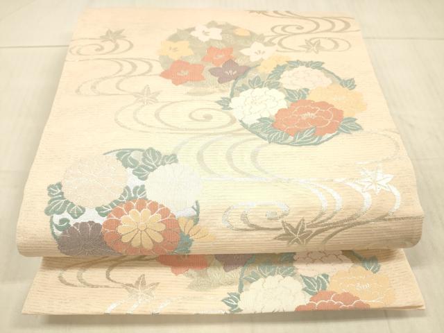 平和屋着物＊夏物 六通柄袋帯 流水草花文 銀糸 正絹 逸品 DAAX0328cm