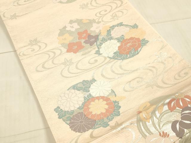 平和屋着物＊夏物 六通柄袋帯 流水草花文 銀糸 正絹 逸品 DAAX0328cm