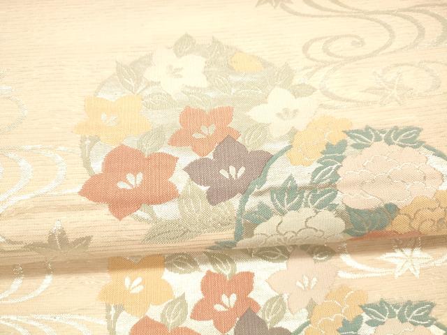 平和屋着物＊夏物 六通柄袋帯 流水草花文 銀糸 正絹 逸品 DAAX0328cm