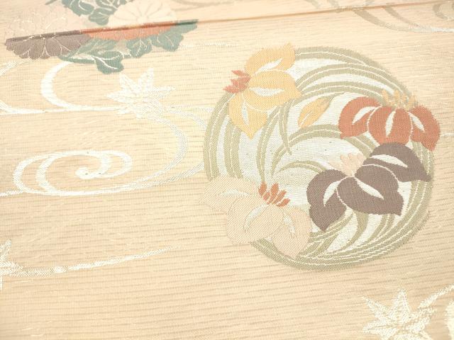 平和屋着物＊夏物 六通柄袋帯 流水草花文 銀糸 正絹 逸品 DAAX0328cm